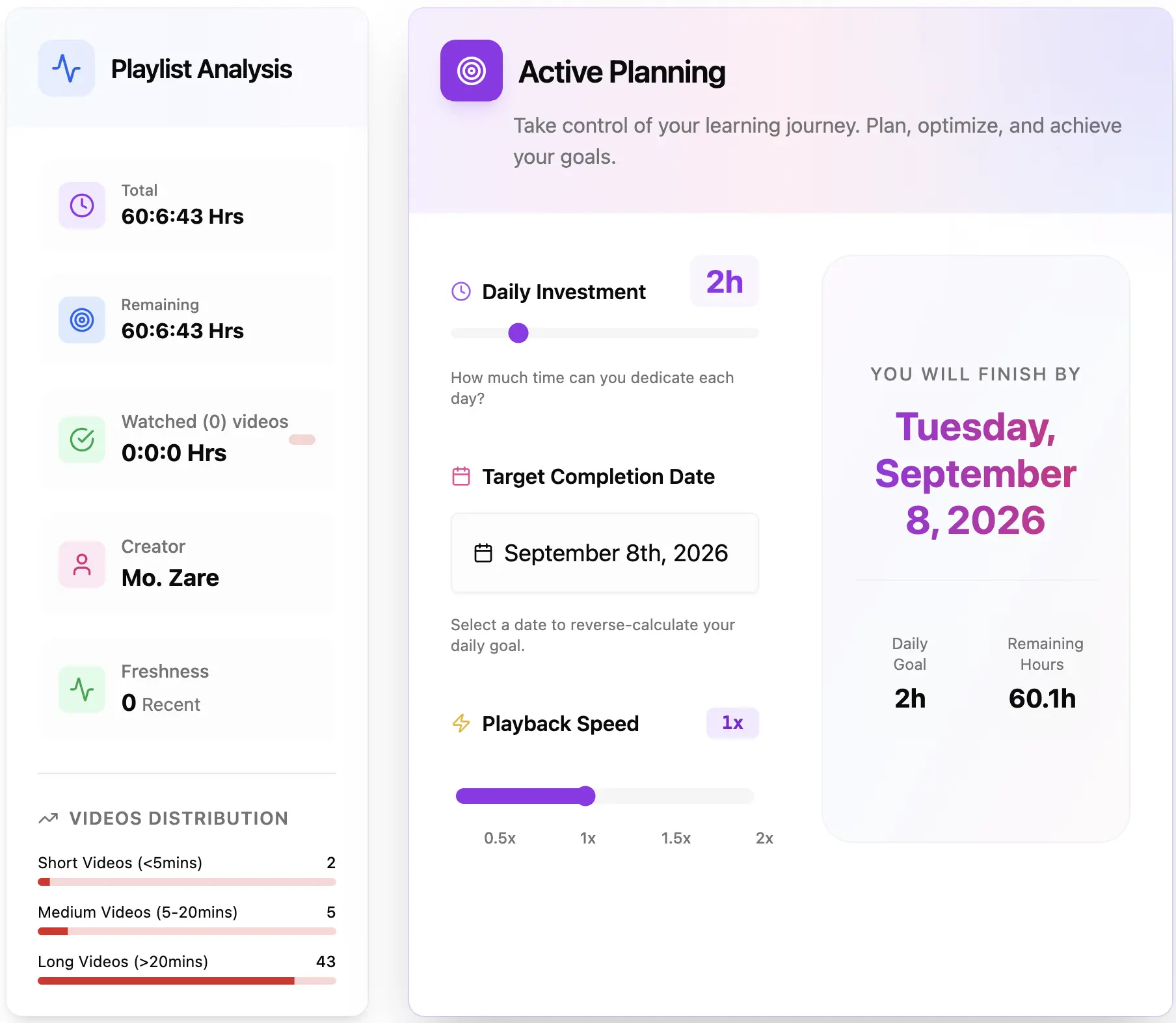 Plan your YouTube playlist viewing schedule with our calculator — see total duration, playback speed estimates and daily watch goals