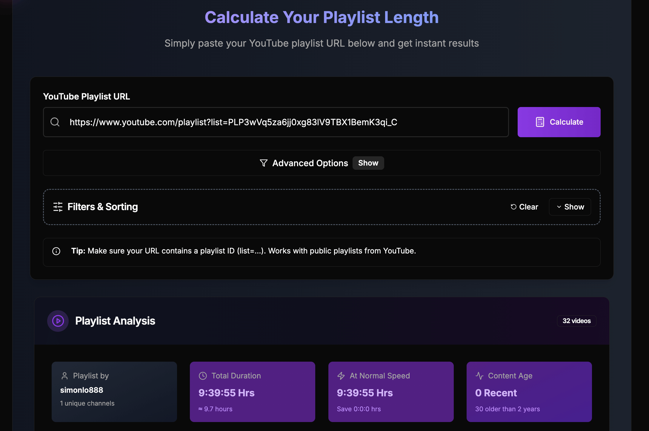 YouTube Playlist Length Calculator Interface - Main Dashboard